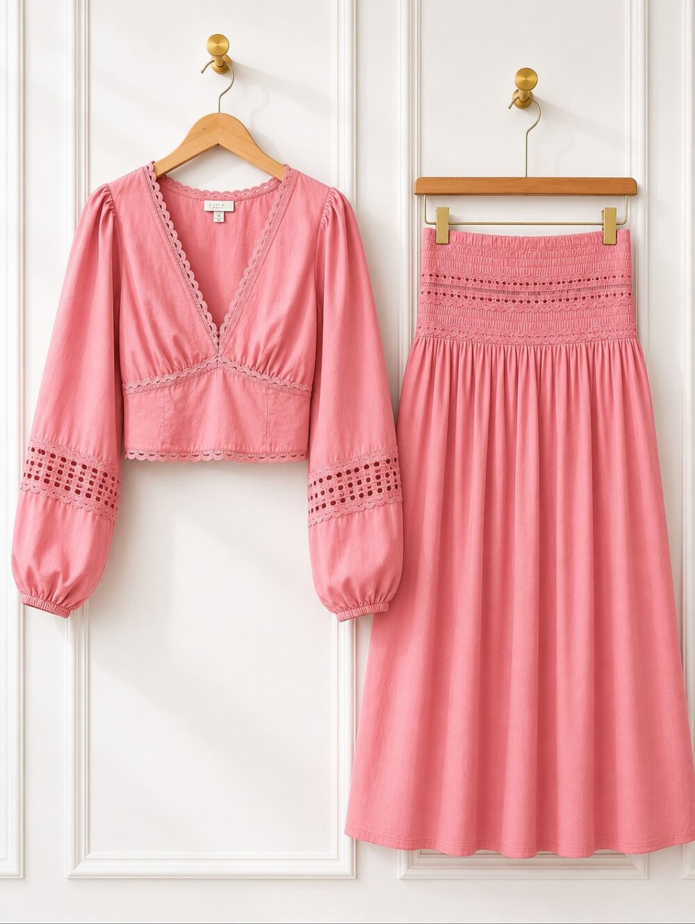 A New Day Pink Two-Piece Set XS | Lace Trim Crop Top & Smocked Midi Skirt | - Picture 6 of 9